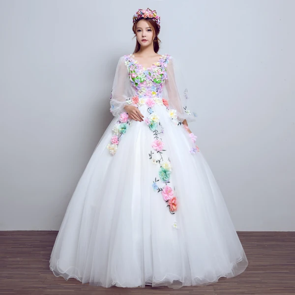 Affordable Flower Fairy Yellow Prom Dresses 2018 Ball Gown Appliques V-Neck Backless 3/4 Sleeve Floor-Length / Long Formal Dresses