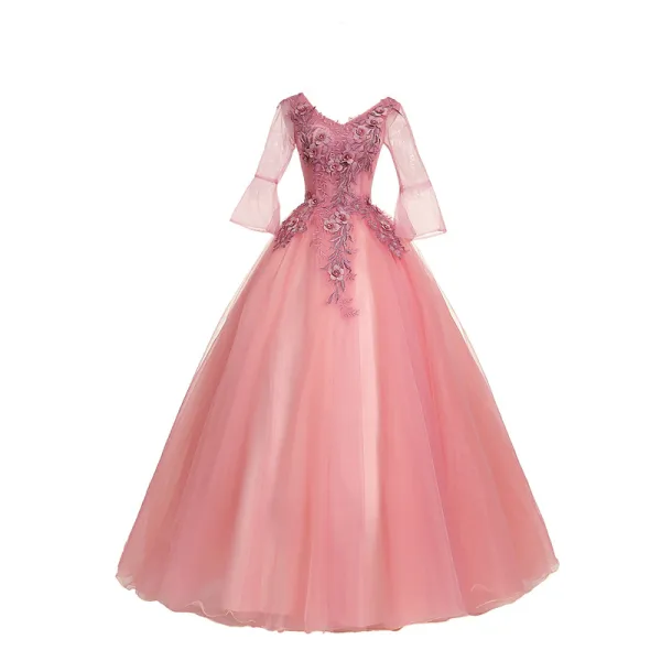 Abordable Rose Bonbon Robe De Bal 2018 Robe Boule En Dentelle Fleur Appliques Perle Faux Diamant V-Cou Dos Nu 3/4 Manches Longue Robe De Ceremonie