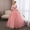 Affordable Candy Pink Prom Dresses 2018 Ball Gown Lace Flower Appliques Pearl Rhinestone Cascading Ruffles V-Neck Backless Sleeveless Floor-Length / Long Formal Dresses