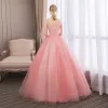 Affordable Candy Pink Prom Dresses 2018 Ball Gown Lace Flower Rhinestone Scoop Neck Sleeveless Backless Floor-Length / Long Formal Dresses