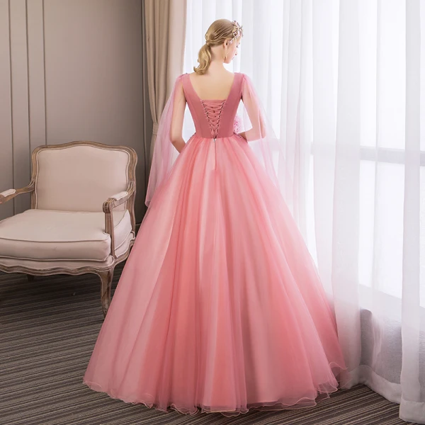 Abordable Rose Bonbon Robe De Bal 2018 Robe Boule En Dentelle Fleur Appliques Perle Faux Diamant V-Cou Dos Nu Manches Longues Longue Robe De Ceremonie