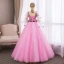 Abordable Rose Bonbon Robe De Bal 2018 Robe Boule En Dentelle Fleur Appliques Noeud V-Cou Dos Nu Manches Longues Longue Robe De Ceremonie