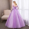 Affordable Lilac Prom Dresses 2018 Ball Gown Lace Flower Pearl Rhinestone V-Neck Backless 3/4 Sleeve Floor-Length / Long Formal Dresses