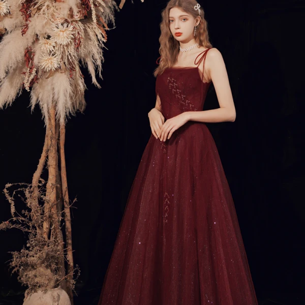 Sexy Burgundy Evening Dresses 2021 Beading Sequins Tulle Spaghetti Straps Sleeveless Backless A-Line / Princess Floor-Length / Long Evening Party Formal Dresses