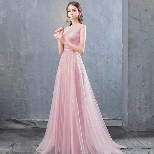 Simple Rose Bonbon Robe De Soirée 2018 Princesse Perlage Paillettes Encolure Dégagée Sans Manches Train De Balayage Robe De Ceremonie