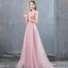 Modest / Simple Candy Pink Evening Dresses  2018 A-Line / Princess Beading Sequins Scoop Neck Sleeveless Sweep Train Formal Dresses
