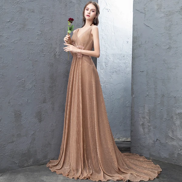 Modest / Simple Champagne Evening Dresses 2018 A-Line / Princess Tulle Flower V-Neck Backless Sleeveless Sweep Train Formal Dresses