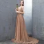 Modest / Simple Champagne Evening Dresses  2018 A-Line / Princess Tulle Flower V-Neck Backless Sleeveless Sweep Train Formal Dresses