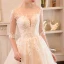 Elegante Champagner Brautkleider / Hochzeitskleider 2018 A Linie Perlenstickerei Perle Kristall Spitze Blumen Rundhalsausschnitt Rückenfreies 1/2 Ärmel Hof-Schleppe Hochzeit