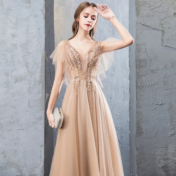 Modern / Fashion Champagne Evening Dresses  2019 A-Line / Princess Lace Flower Appliques Rhinestone V-Neck Backless Short Sleeve Floor-Length / Long Formal Dresses