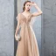 Modern / Fashion Champagne Evening Dresses  2019 A-Line / Princess Lace Flower Appliques Rhinestone V-Neck Backless Short Sleeve Floor-Length / Long Formal Dresses