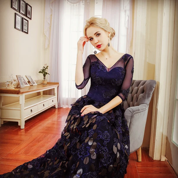 Chic / Beautiful Navy Blue Evening Dresses 2017 A-Line / Princess Beading Sequins V-Neck Backless 1/2 Sleeves Floor-Length / Long Formal Dresses