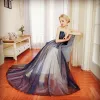 Elegant Mørk Marineblå Selskapskjoler 2017 Prinsesse Perle Rhinestone Kjæreste Ryggløse Uten Ermer Lange Formelle Kjoler