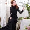 Chic / Beautiful Black Evening Dresses  2017 A-Line / Princess Lace Cascading Ruffles Scoop Neck Long Sleeve Sweep Train Formal Dresses