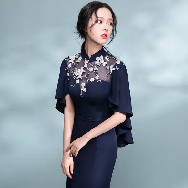 Elegant Navy Blue Evening Dresses 2018 Trumpet / Mermaid Lace Flower Pierced High Neck Short Sleeve Court Train Formal Dresses
