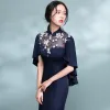 Elegant Navy Blue Evening Dresses  2018 Trumpet / Mermaid Lace Flower Pierced High Neck Short Sleeve Court Train Formal Dresses