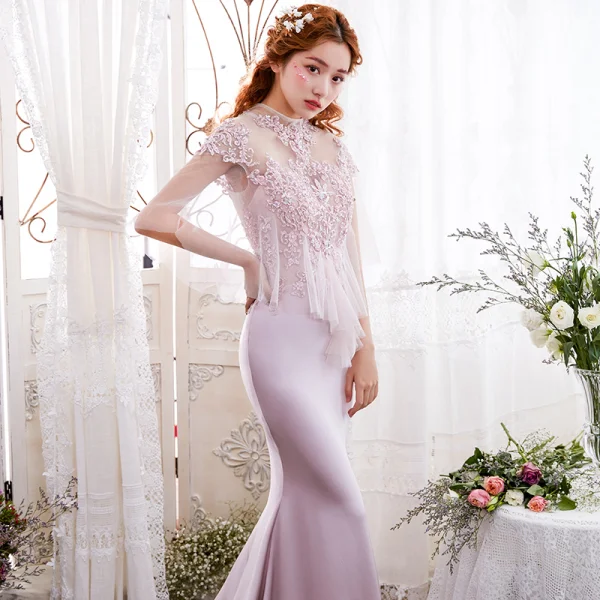 Élégant Rougissant Rose Robe De Soirée 2017 Trompette / Sirène En Dentelle Fleur Paillettes Encolure Dégagée Dos Nu 1/2 Manches Tribunal Train Robe De Ceremonie