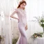 Élégant Rougissant Rose Robe De Soirée 2017 Trompette / Sirène En Dentelle Fleur Paillettes Encolure Dégagée Dos Nu 1/2 Manches Tribunal Train Robe De Ceremonie