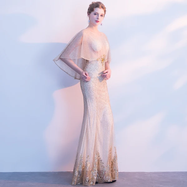 Sexy Gold Evening Dresses 2018 Trumpet / Mermaid Sequins Crystal Pierced Scoop Neck 1/2 Sleeves Floor-Length / Long Formal Dresses