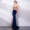 Sexy Bleu Marine Robe De Soirée 2018 Trompette / Sirène Faux Diamant V-Cou Dos Nu Sans Manches Train De Balayage Robe De Ceremonie