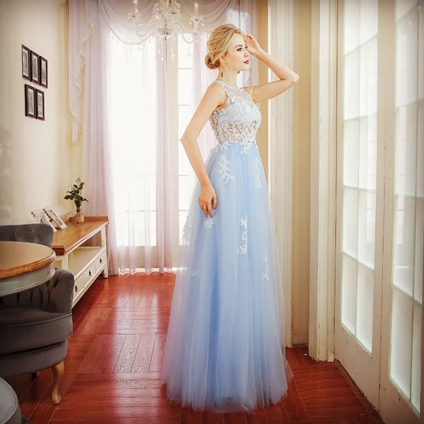 Chic / Beautiful Sky Blue Evening Dresses 2017 A-Line / Princess Lace Appliques Scoop Neck Sleeveless Floor-Length / Long Formal Dresses