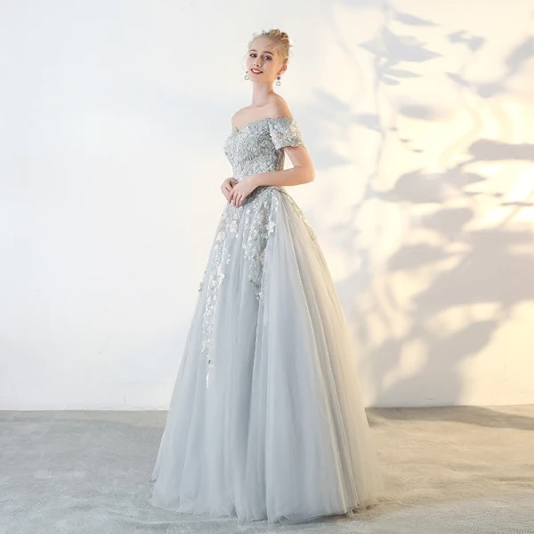 Chic / Beautiful Sage Green Prom Dresses 2018 A-Line / Princess Lace Flower Off-The-Shoulder Backless Short Sleeve Floor-Length / Long Formal Dresses