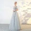 Chic / Beautiful Sage Green Prom Dresses 2018 A-Line / Princess Lace Flower Off-The-Shoulder Backless Short Sleeve Floor-Length / Long Formal Dresses