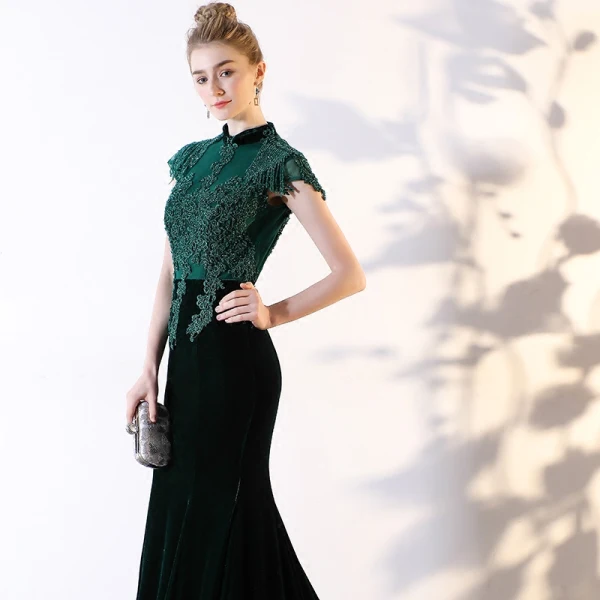 Chic / Beautiful Dark Green Evening Dresses 2018 Trumpet / Mermaid Lace Appliques Beading Crystal Scoop Neck Backless Short Sleeve Court Train Formal Dresses