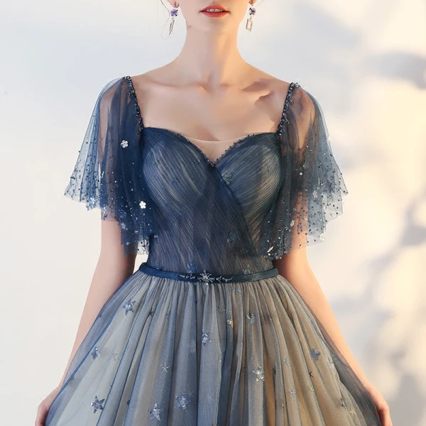 Elegant Prom Dresses 2018 A-Line / Princess Star Backless Square Neckline Short Sleeve Floor-Length / Long Formal Dresses