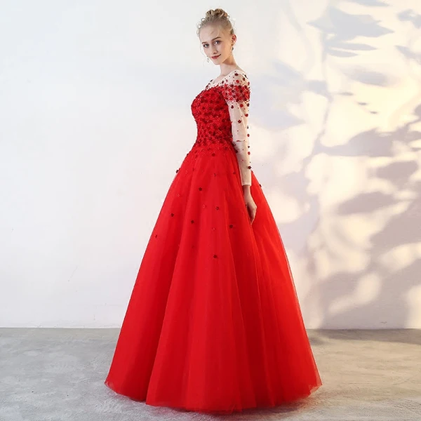 Schöne Rot Ballkleider 2018 Ballkleid Mit Spitze Applikationen Pailletten Rundhalsausschnitt Rückenfreies Lange Ärmel Lange Festliche Kleider
