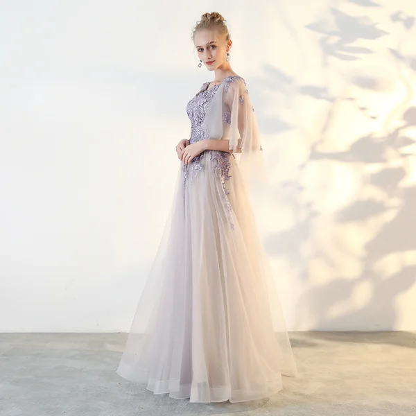 Chic / Beautiful Lavender Prom Dresses 2018 A-Line / Princess Lace Appliques V-Neck 1/2 Sleeves Floor-Length / Long Formal Dresses