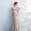 Chic / Beautiful Grey Evening Dresses  2017 A-Line / Princess Lace Appliques Bow V-Neck Backless Sleeveless Floor-Length / Long Formal Dresses