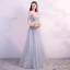 Chic / Belle Gris Robe De Soirée 2018 Princesse Dentelle Fleur Perle Paillettes Ceinture U-Cou Sans Manches Dos Nu Longue Robe De Ceremonie