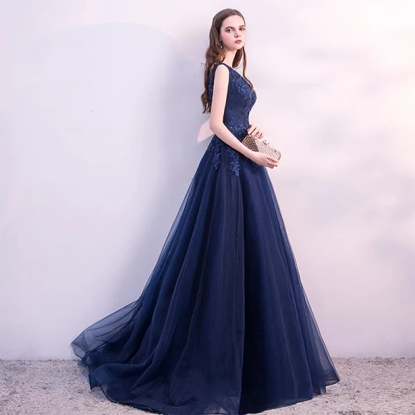 Chic / Belle Bleu Marine Robe De Soirée 2018 Princesse En Dentelle Fleur Perlage Cristal Paillettes Encolure Dégagée Dos Nu Sans Manches Train De Balayage Robe De Ceremonie