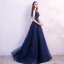 Chic / Belle Bleu Marine Robe De Soirée 2018 Princesse En Dentelle Fleur Perlage Cristal Paillettes Encolure Dégagée Dos Nu Sans Manches Train De Balayage Robe De Ceremonie