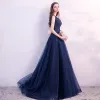 Chic / Beautiful Navy Blue Evening Dresses  2018 A-Line / Princess Lace Flower Beading Crystal Sequins Scoop Neck Backless Sleeveless Sweep Train Formal Dresses