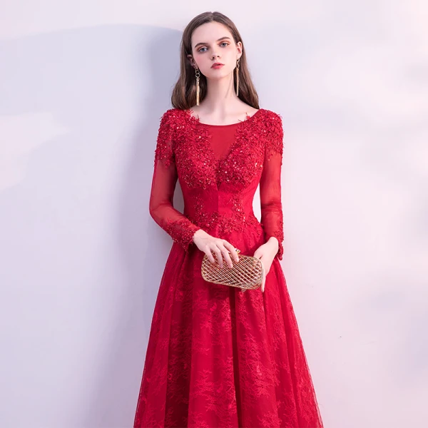 Chic / Belle Rouge Robe De Bal 2018 Princesse En Dentelle Fleur Perlage Cristal Paillettes Encolure Dégagée Dos Nu Manches Longues Longueur Cheville Robe De Ceremonie