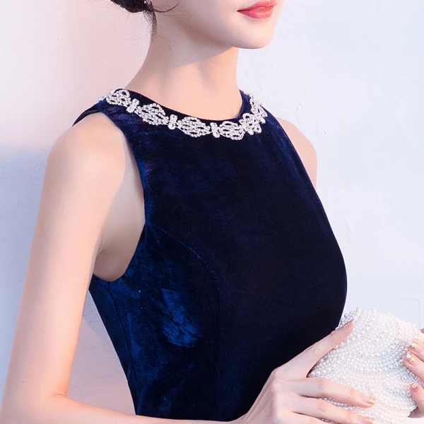 Sexy Navy Blue Evening Dresses 2018 Trumpet / Mermaid Rhinestone Scoop Neck Sleeveless Floor-Length / Long Formal Dresses