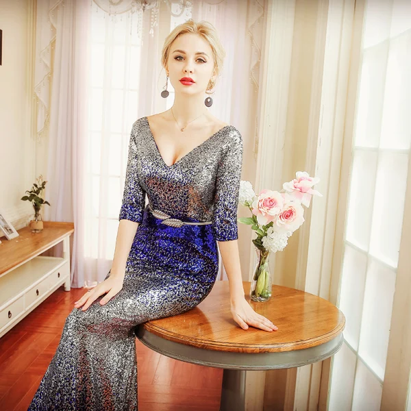 Scintillantes Robe De Soirée 2018 Trompette / Sirène Métal Ceinture Paillettes V-Cou Dos Nu 1/2 Manches Train De Balayage Robe De Ceremonie