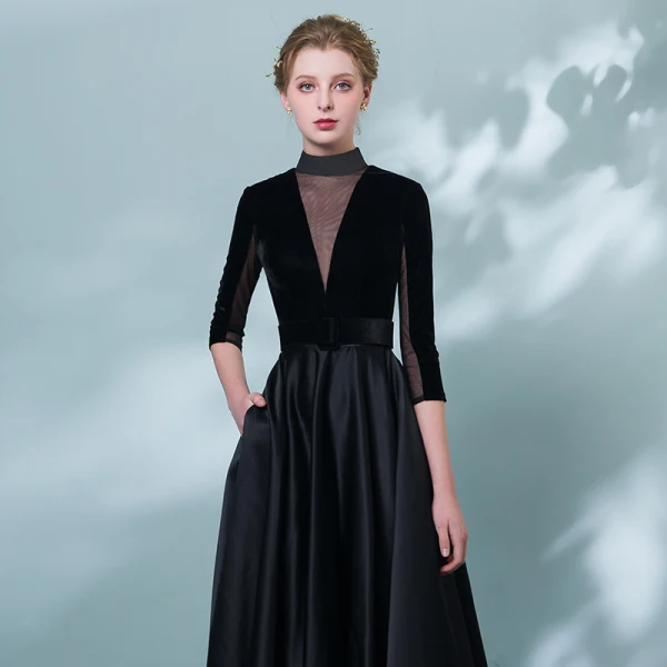 Elegant Evening Dresses 2018 A-Line / Princess Sash Pierced High Neck Backless 1/2 Sleeves Floor-Length / Long Formal Dresses