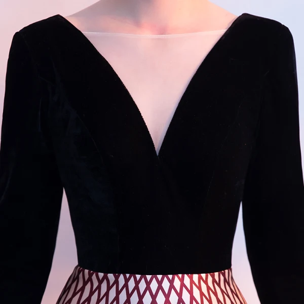 Elegant Black Evening Dresses  2018 A-Line / Princess Striped Pierced Scoop Neck Backless Ankle Length Long Sleeve Formal Dresses