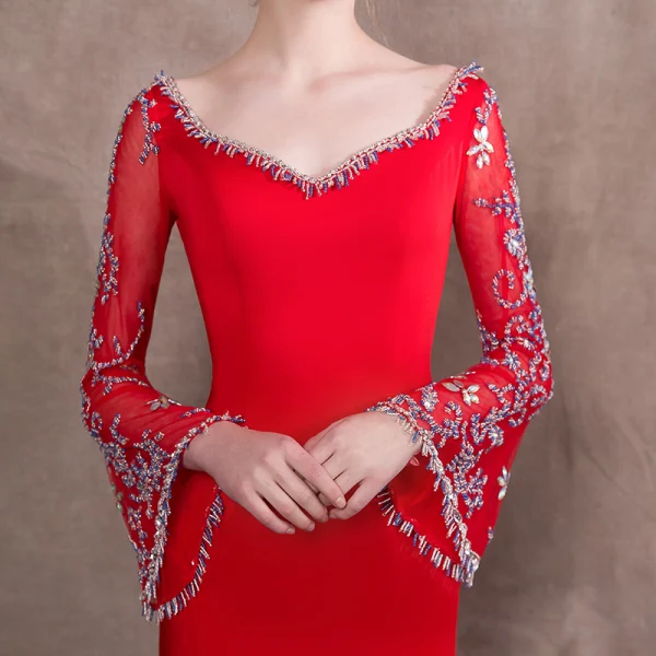 Luxury / Gorgeous Red Evening Dresses 2018 Trumpet / Mermaid Beading V-Neck Backless Long Sleeve Court Train Formal Dresses