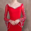 Luxus / Herrlich Rot Abendkleider 2018 Mermaid Perlenstickerei V-Ausschnitt Rückenfreies Lange Ärmel Hof-Schleppe Festliche Kleider