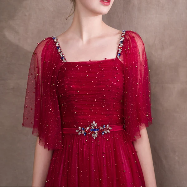 Luxury / Gorgeous Burgundy Prom Dresses 2018 A-Line / Princess Glitter Beading Crystal Sash Square Neckline Backless 1/2 Sleeves Floor-Length / Long Formal Dresses