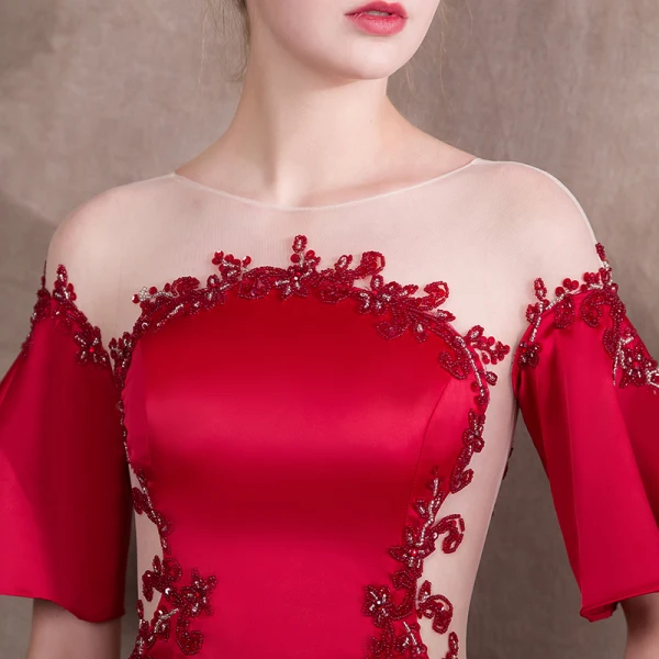 Elegant Red Evening Dresses  2018 Trumpet / Mermaid Beading Scoop Neck 1/2 Sleeves Sweep Train Formal Dresses