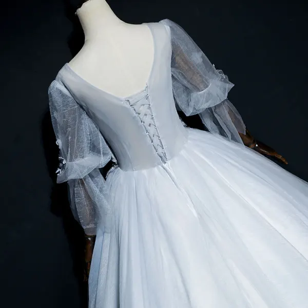 Elegant Grey Prom Dresses 2018 Ball Gown Lace Flower Appliques Pearl Scoop Neck Backless 1/2 Sleeves Floor-Length / Long Formal Dresses