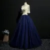Elegant Navy Blue Prom Dresses 2018 Ball Gown Lace Appliques Scoop Neck Backless 1/2 Sleeves Floor-Length / Long Formal Dresses