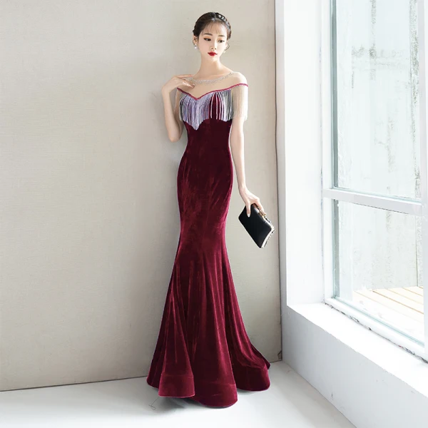 Elegant Navy Blue Evening Dresses 2018 Trumpet / Mermaid Beading Tassel Suede Scoop Neck Backless Short Sleeve Floor-Length / Long Formal Dresses