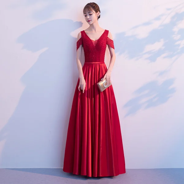 Elegant Burgundy Prom Dresses 2019 A-Line / Princess Ruffle Beading V-Neck Backless Short Sleeve Floor-Length / Long Formal Dresses