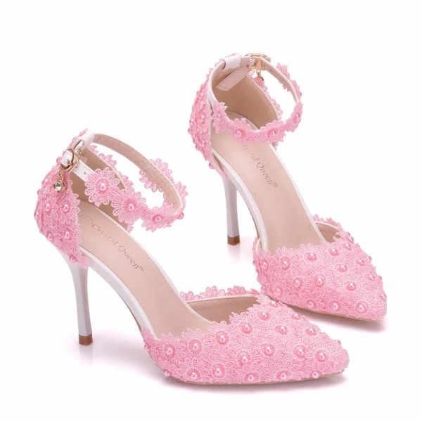 Charming Ivory Wedding Shoes 2018 Lace Rhinestone Pearl Ankle Strap 9 cm Stiletto Heels Wedding